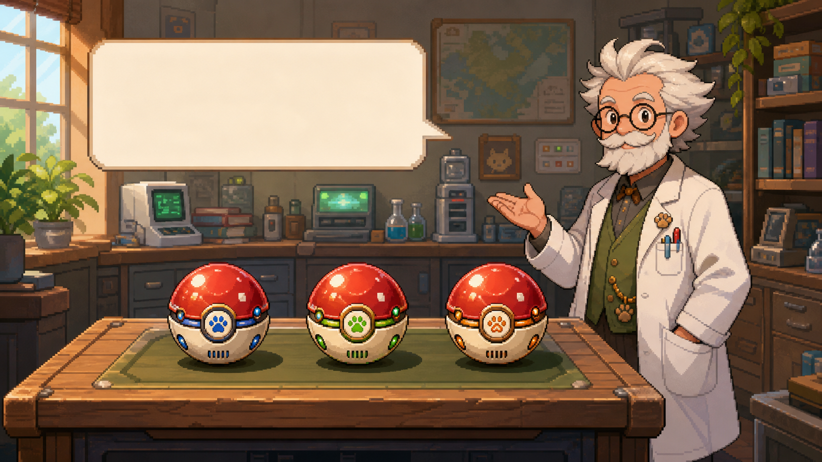 A friendly professor beside three pet capsules on a laboratory table